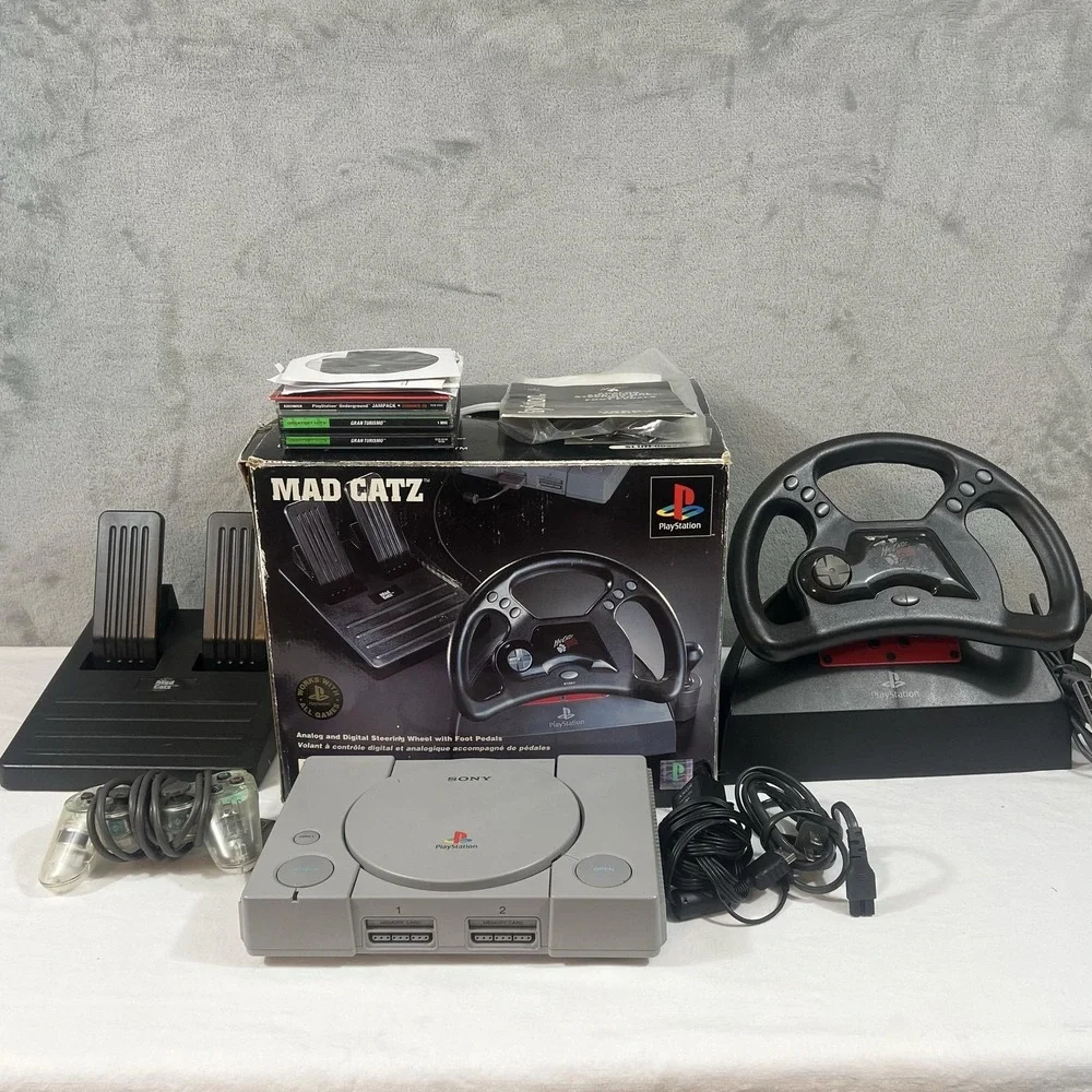 Sony PlayStation 1 SCPH-5501 Console Mad Catz Wheel Pedals PS1 7 Disc Lot